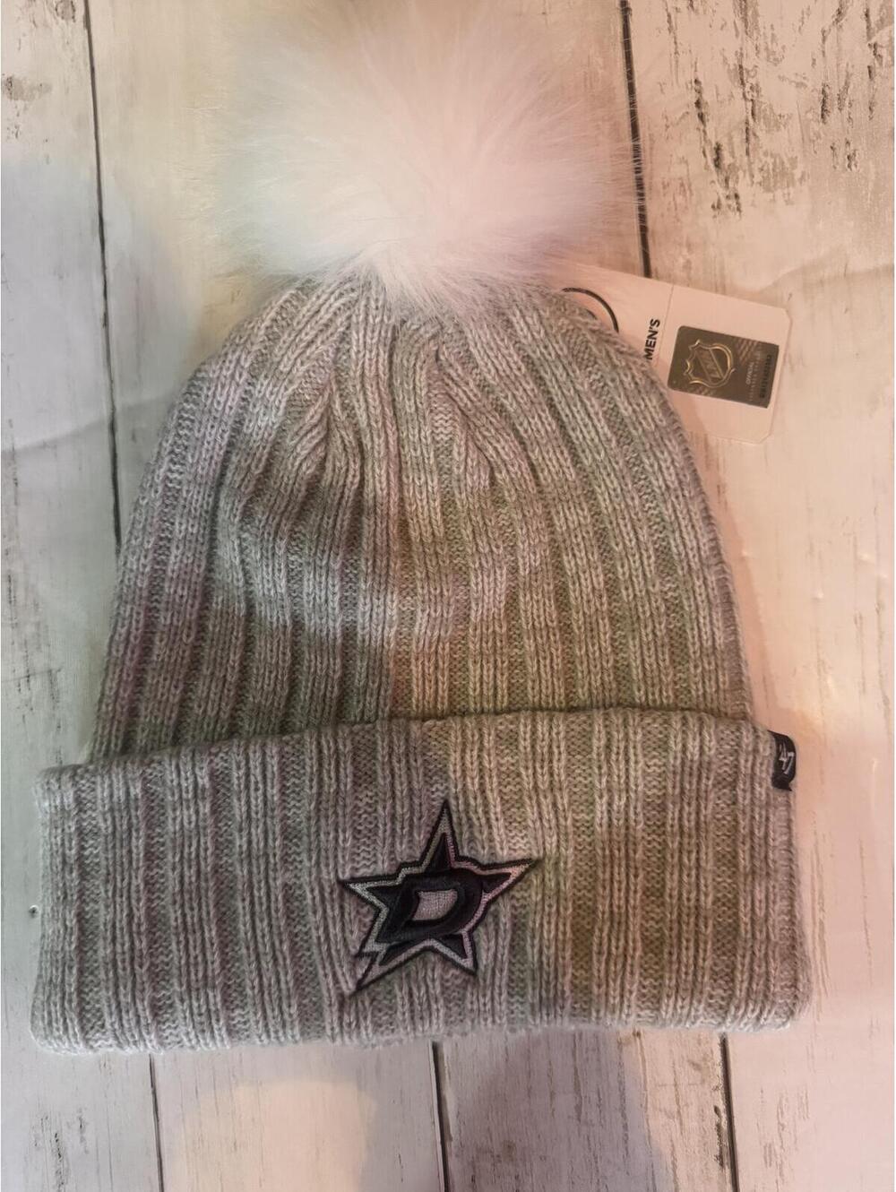 Dallas Stars Gray Knit Beanie Hat White Faux Fur Pom NHL Winter Cap NWT